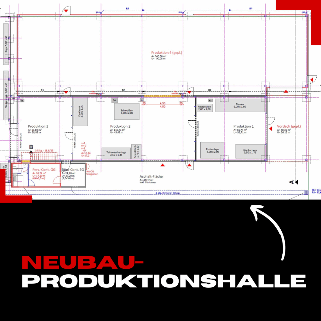 Planungsübersicht für die Erweiterung der NN Produktionshalle
