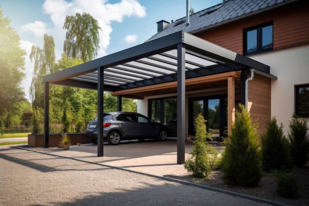 Moderner schwarzer Metallcarport an einem Wohnhaus als Gestaltungsbeispiel
