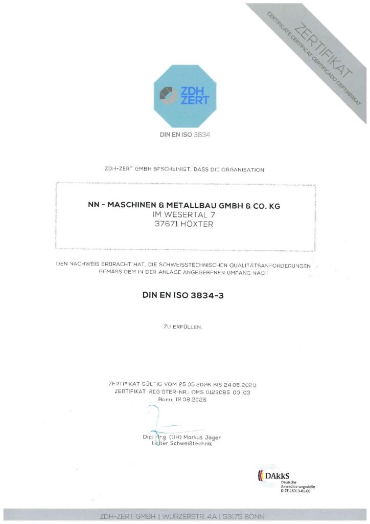 Zertifikat nach DIN EN ISO 3834-3 von NN Maschinen- und Metallbau